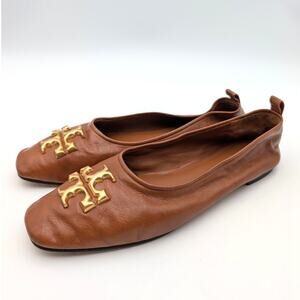 Tory Burch Eleanor Leather Ballet Flats Shoes Women's Brown Size US10.5M EU41
